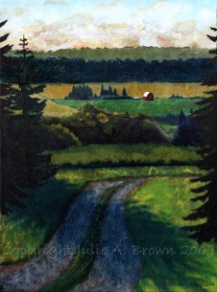 At the Bend in the Road, mixed media landscape painting by Julie A. Brown