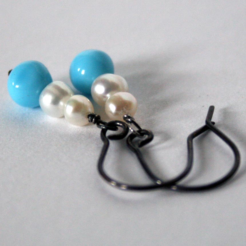 Clouds in the Sky - white pearls, vintage blue bead and sterling silver earrings