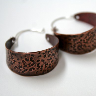 Tribal - handcrafted wide textured open hoops with sterling silver ear wires
