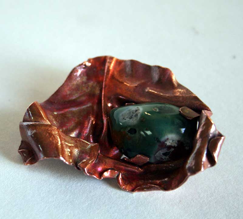 Earth Embrace - Green Jasper and Foldformed copper brooch handcrafted by Julie A. Brown