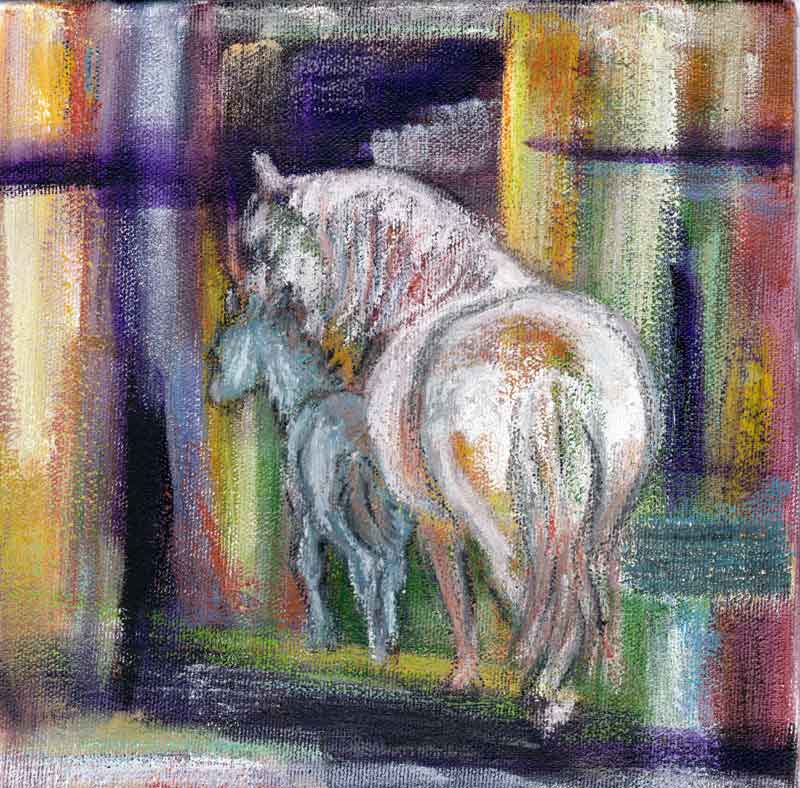 Maternal - Acrylic and oil stick Mare and Foal painting on gallery wrapped canvas