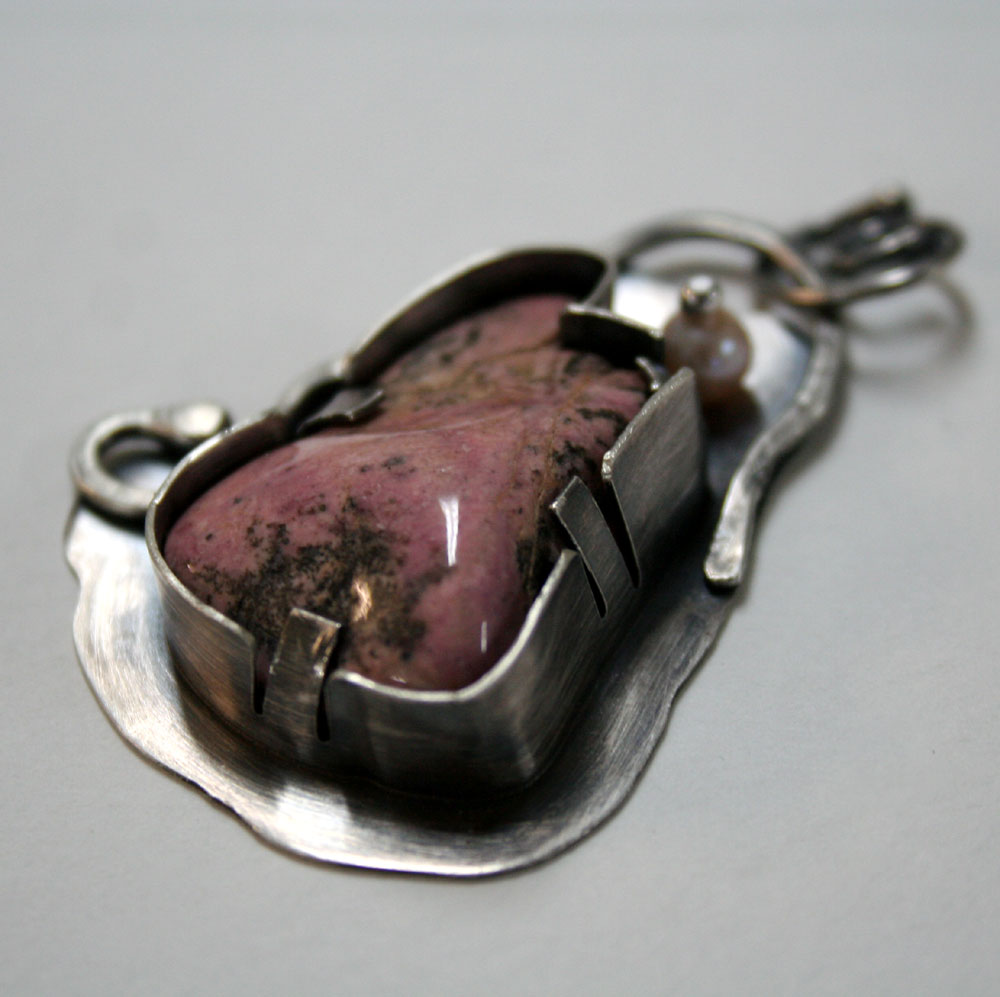 One-of-a-kind handcrafted pendant - pink rhodonite and freshwater pearl set in sterling silver